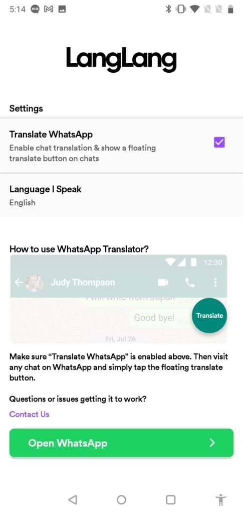 WhatsApp chat with floating Translate button